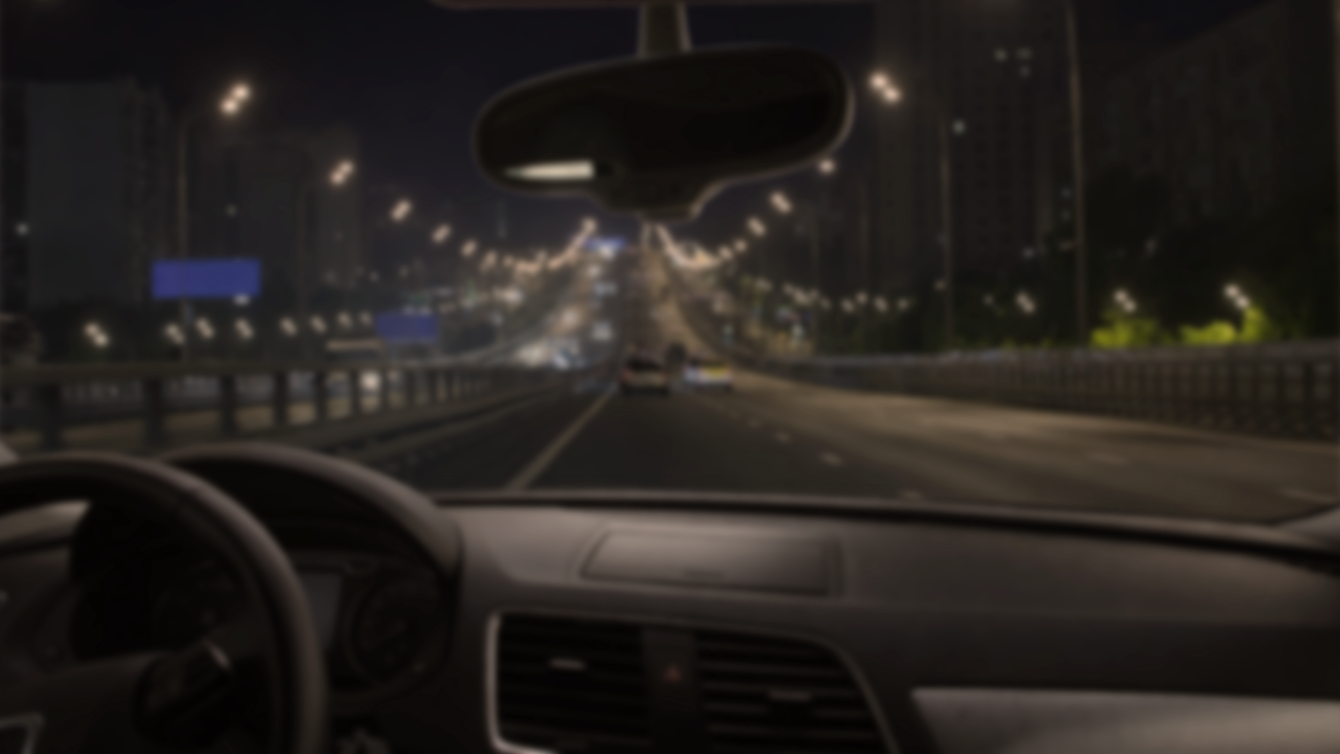 Night driving simulation: Cataracts. Cloudy vision with washed out colors and glare.
